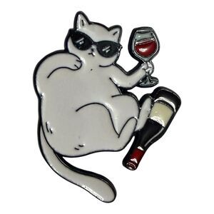 Cat With Wine & Bottle Enamel Lapel Pin Funny Drinking Cat Brooch